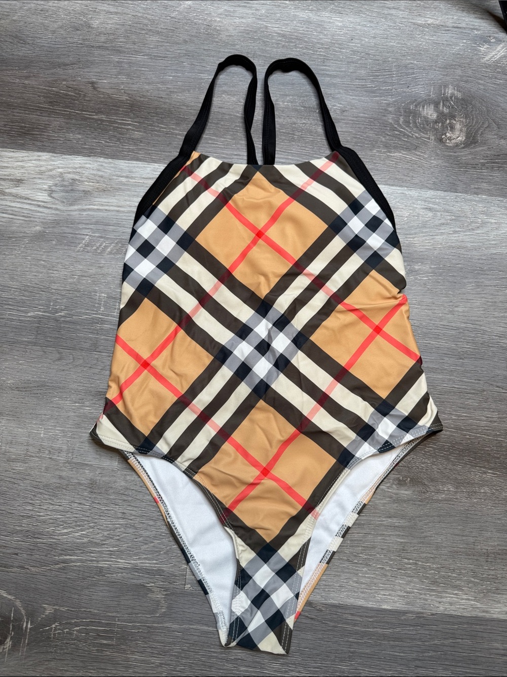 Burberry Plaid One-Piece Swimsuit - Tan/Black